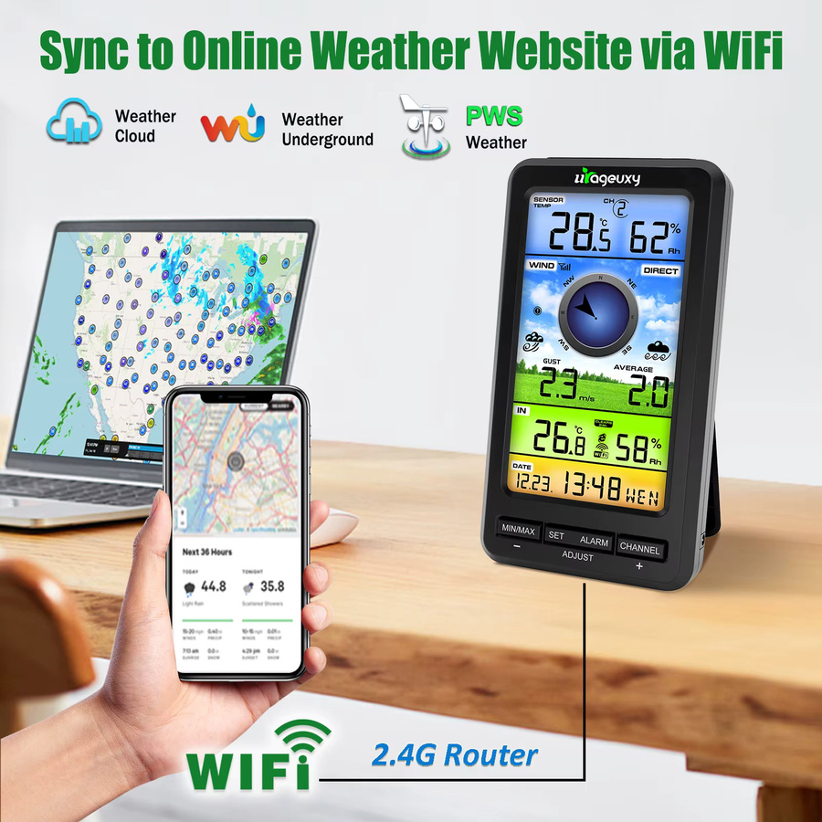 Urageuxy WiFi-Anemometer Wetterstation mit kabellosem Windgeschwindigkeits- und Richtungssensor, Innen- und Außenthermometer sowie Hygrometer für Online-Überwachung - Bild 2