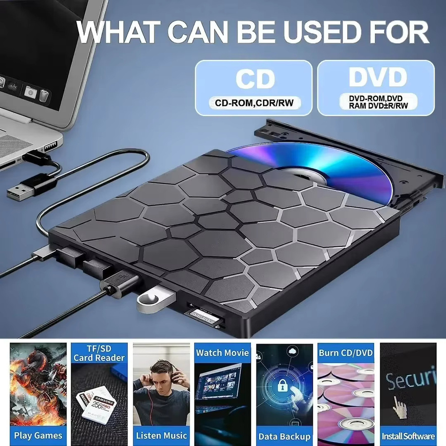 Kebidumei 7-in-1 Externes DVD-Laufwerk mit USB 3.0 und USB-C, CD/DVD-Brenner in Schwarz für Mac, Windows und Linux - Bild 3