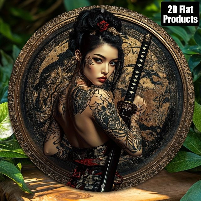 CIFBUY Retro Anime Metall-Blechschild Japanisches Samurai-Mädchen Runde Aluminium-Dekorationsplakette, Durchmesser: 20,32 cm - Bild 1