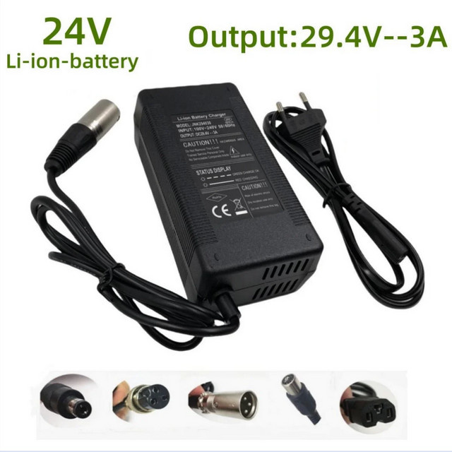 Jnenconn 24V Li-Ionen-Akkuladegerät mit 29,4V 3A und verschiedenen Anschlüssen wie XLR 3-Pin, GX16, DC5.5 oder RCA in Schwarz - Bild 1