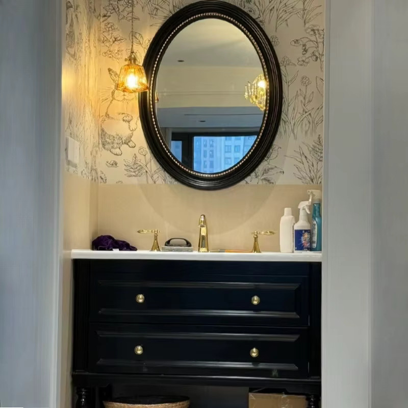 OAKCIA Badezimmerschrank aus Holz im Retro-Design mit LED-Beleuchtung und Schubladen in Schwarz - Bild 2
