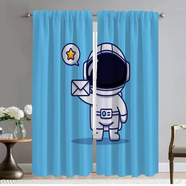 Astronaut Cartoon Küchenvorhänge für Halloween Dekoration, 2 Paneele, Blau, B: 50 cm, H: 70 cm - Bild 1