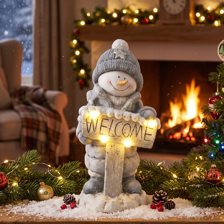 HOMCOM Weihnachtsdeko Schneemann-Figur aus Magnesiumoxid in Grau und Weiß mit warmweißen LEDs und Welcome-Schild, Höhe: 46 cm - Bild 2