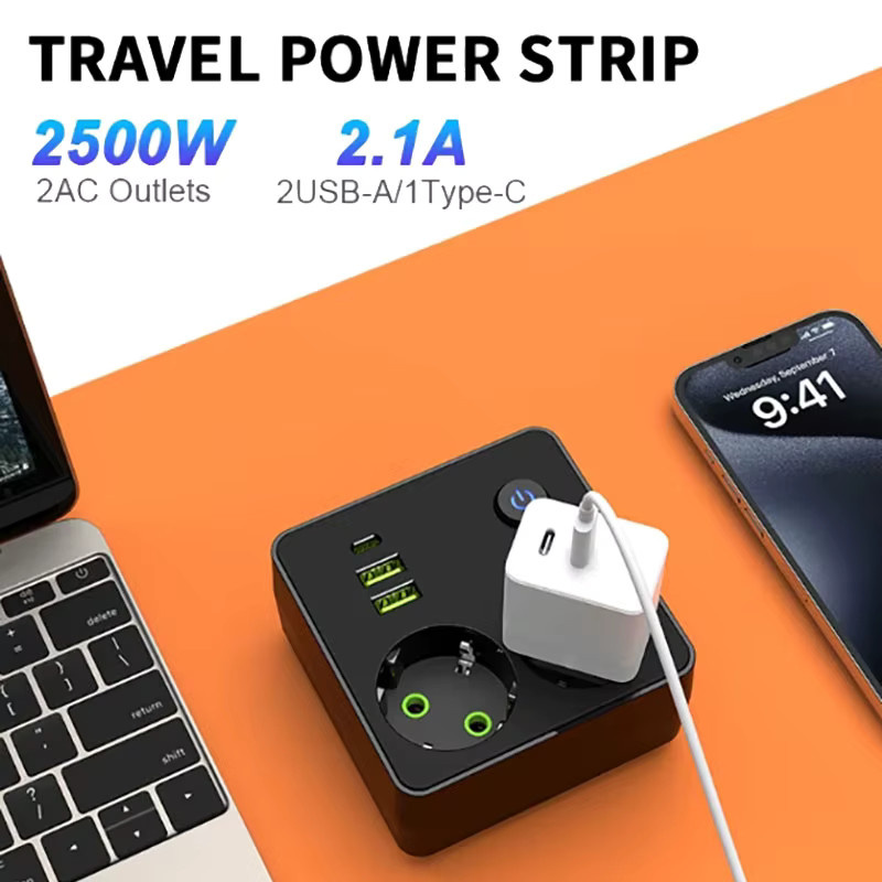 Szaoju EU-Steckdosenleiste mit 2 Steckdosen, 2 USB-Anschlüssen und 1 Typ-C-Anschluss, 2500W maximale Leistung - Bild 3