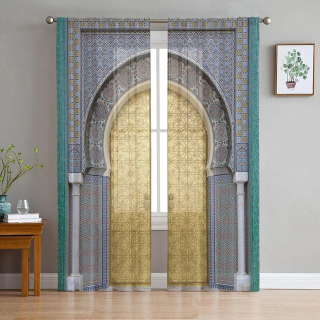 Yiran Furniture Marokkanische Tüllvorhänge Blau Transparent mit Grafikprint, Breite: 135 cm, Höhe: 245 cm - Bild 1
