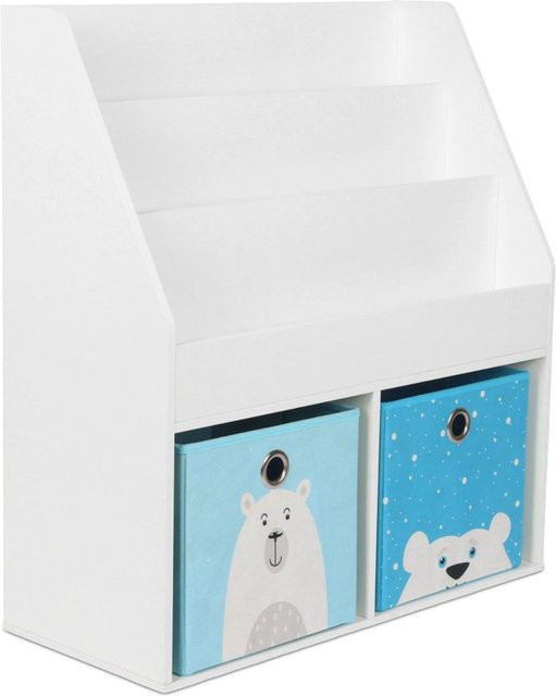 Relaxdays Kinderbücherregal aus MDF in Weiß mit 2 Stoffboxen im Eisbär-Design, B: 79 cm, H: 72 cm, T: 30,5 cm - Bild 1