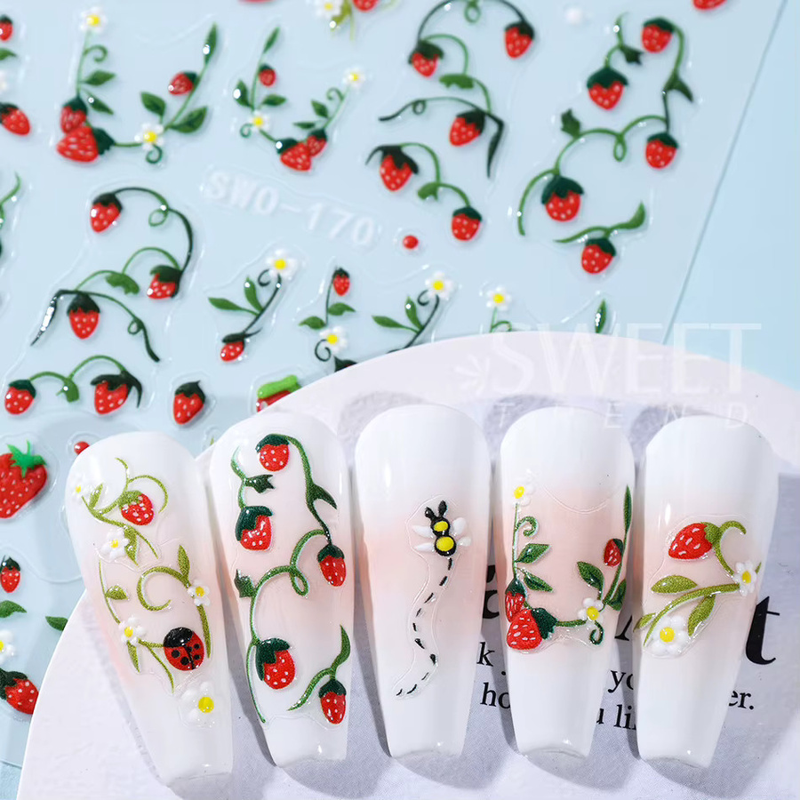 SWEET TREND Nagelaufkleber, Erdbeer-Kirsch-Blumen-Bienen-Muster, 2 Stück, glänzend - Bild 2