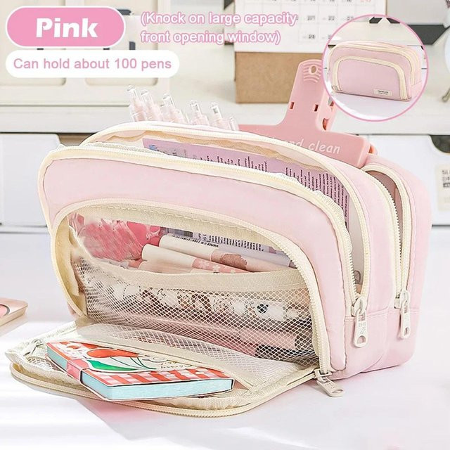 Mehrlagiges Federmäppchen aus Textil in Rosa mit großem Fassungsvermögen für Schule und Büro - Bild 1