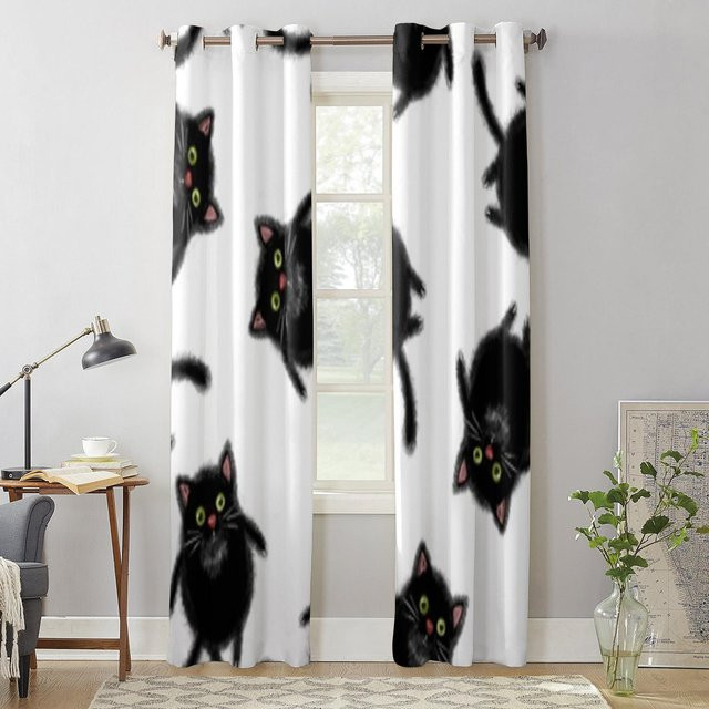 Binchi Outdoor Equipment Fenstervorhang mit Cartoon Schwarze Katzen Motiv in Weiß, Breite: 135 cm, Höhe: 60 cm - Bild 1