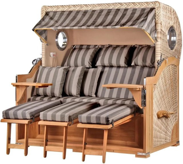 bene,iving Strandkorb Komplettset Königssee 3 Sitzer aus Teakholz mit PE Shell Modell 537, Farbe Braun/Multicolor, inklusive Liftersystem, Schutzhülle, Doppelrollen und Glasbecherhalter - Bild 1