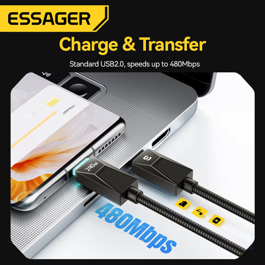 Essager Typ-C-Kabel mit 240 W Superschnellladung und 100 W Schnellladefunktion aus Edelstahl in Schwarz - Bild 5