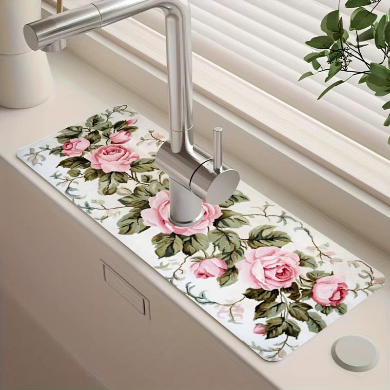 VIKAMA Spülbeckenmatte mit Retro Rosen-Design, wasserdichte und rutschfeste Spritzschutzmatte für die Küche, multicolour - Bild 2