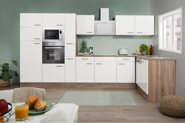 Respekta Winkelküche Eiche York mit E-Geräten und Mineralite Einbauspüle, Farbe: Weiß, Breite: 370 cm - Bild 1