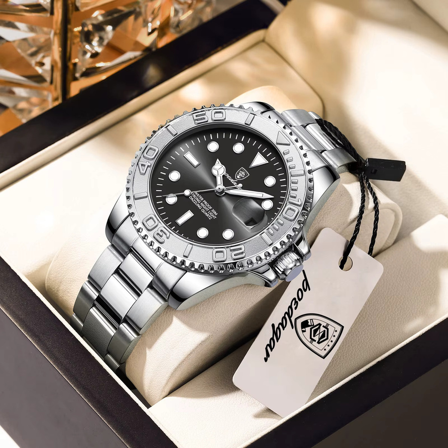 POEDAGAR Armbanduhr Edelstahl, Quarz, Datum, Schwarz, Herren - Bild 2