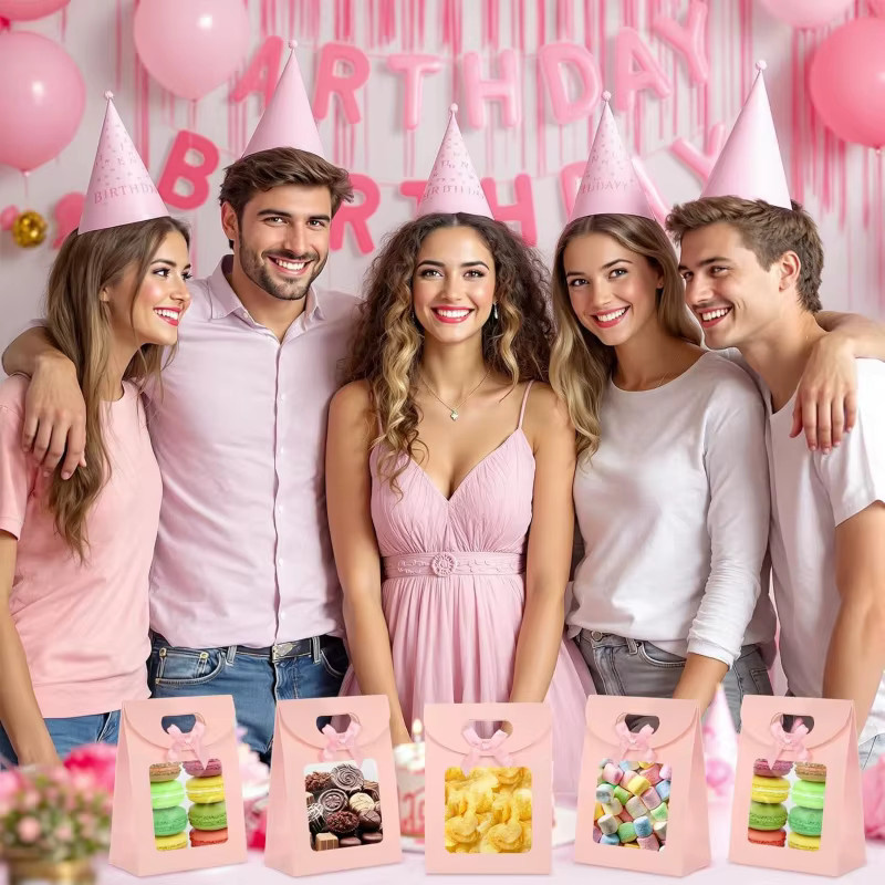 10 Stück Papier-Geschenktüten in Pink mit durchsichtigem Fenster und Griffen inklusive Schleife für Süßigkeiten und Kekse - Bild 3