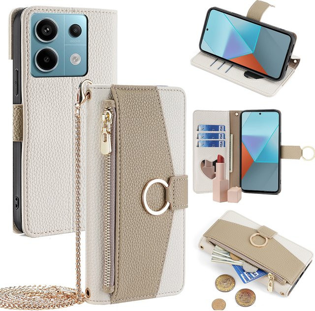 Xiaomi Umhängetasche Brieftaschenhülle mit Metallkette für Redmi Note 13 Pro 13R Pro Plus 13C 5G Poco X6 M6 Pro in Blau und Beige - Bild 1