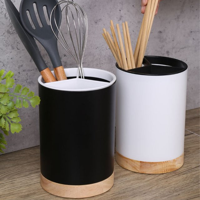 Willstar Utensilienhalter aus Kunststoff mit Abtropffläche für Besteck und Küchengeschirr, 3-teilig, rund, in Schwarz oder Weiß - Bild 1