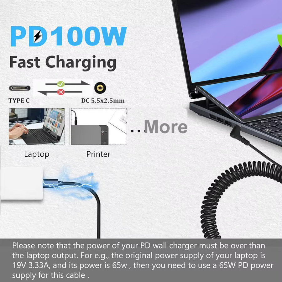 PD 100 W USB-C auf DC Ladekabel in Schwarz, Spiralkabel mit 5,5 x 2,5 mm Anschluss für Laptop-Schnellladung - Bild 4