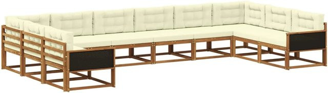 vidaXL Outdoor-Sofagarnitur in L-Form aus massivem Akazienholz mit Polstern und Kissen, Natur und Creme - Bild 1