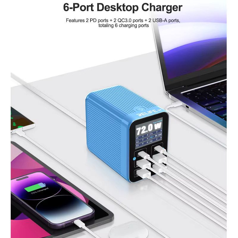 RELIFE Q4 72 W intelligentes 6-Port-Schnellladegerät mit 2 PD-Ports, 2 QC3.0-Ports und 2 USB-A-Ports inklusive Smart-Sleep-Modus in Blau - Bild 4