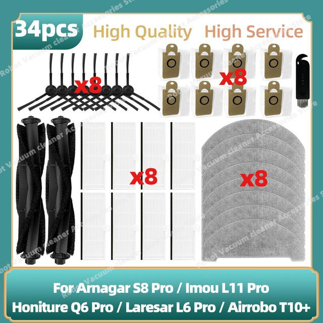 OSSIEAO Zubehör-Set für Arnagar S8 Pro, Imou L11 Pro, Honiture Q6 Pro, Laresar L6 Pro und Airrobo T10+ mit Hauptseitenbürste, Moppfilter und Staubbeuteln in Weiß - Bild 1
