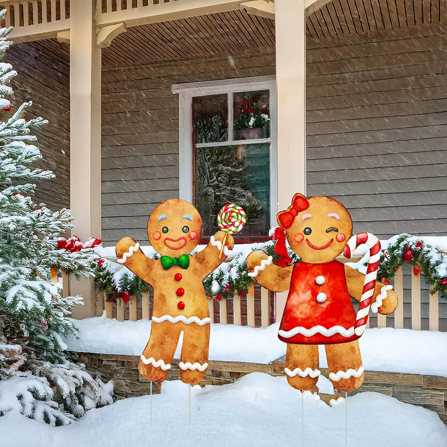 2er-Set Weihnachtsgarten-Winterdekoration mit Lebkuchenmännern, mehrfarbig, Kunststoff - Bild 3