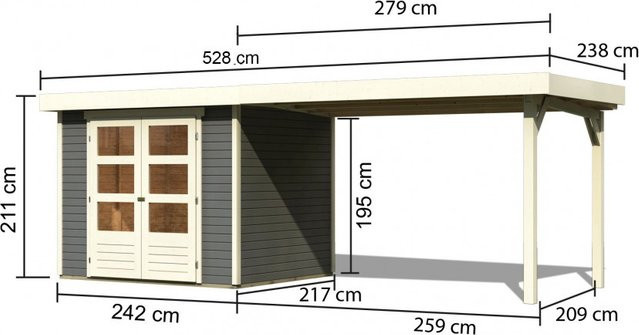 Gartenhaus Holz ASKOLA 3 in Terragrau mit Anbaudach und Flachdach, B/H/T: 242 x 217 x 19 cm - Bild 2