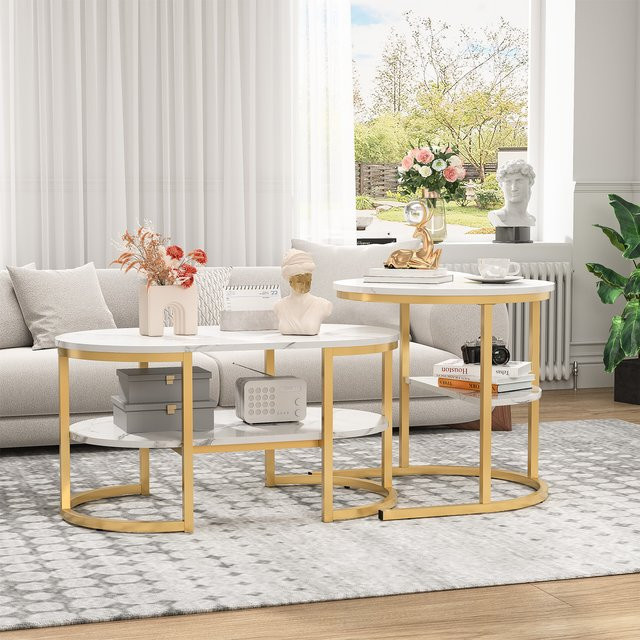 Comanlai 2er-Set Couchtische mit Marmorplatte und Metallrahmen in Schwarz, Ineinanderstellbare Beistelltische im modernen Design - Bild 1