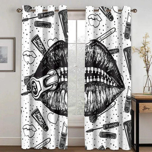 2er-Set transparente Polyester-Vorhänge mit Lippen-Print in Weiß, B: 50 cm, H: 50 cm - Bild 1