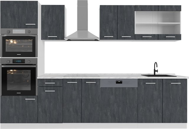 Vicco Küchenzeile R-Line in Schwarz Beton und Weiß mit weißer Marmor Arbeitsplatte, Breite: 300 cm - Bild 1