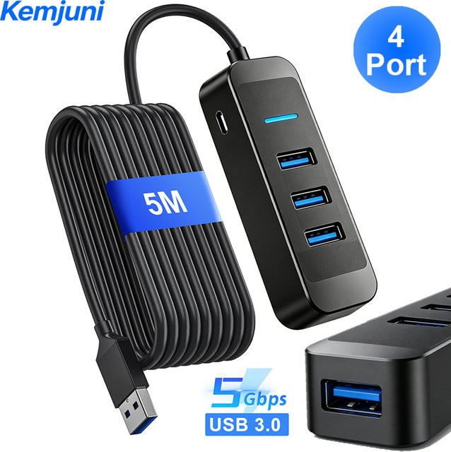 Kemjuni USB 3.0 Hub mit 4 Anschlüssen und 5m Verlängerungskabel in Schwarz für Laptop, PC und Notebook - Bild 1