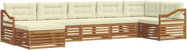 vidaXL Sofagarnitur 7-teilig aus Massivholz Akazie in Natur und Creme mit L-Form und Latten-Design - Bild 1