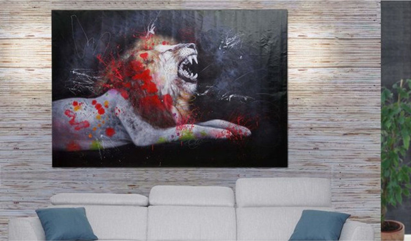 Handgemaltes Ölgemälde Löwe MCW-H25 auf Leinwand, modernes XL Wandbild in Mehrfarbig, Breite: 120 cm, Höhe: 180 cm
