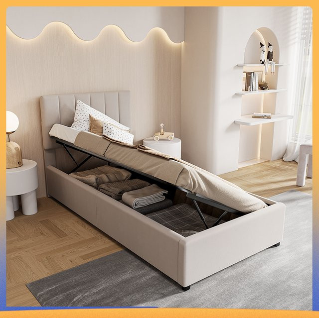 Creahappy Polsterbett mit Stauraum und hydraulischem Lift-up-System, Einzelbett aus Leinen, Farbe: Beige, B/T/H: 90 x 200 cm - Bild 1