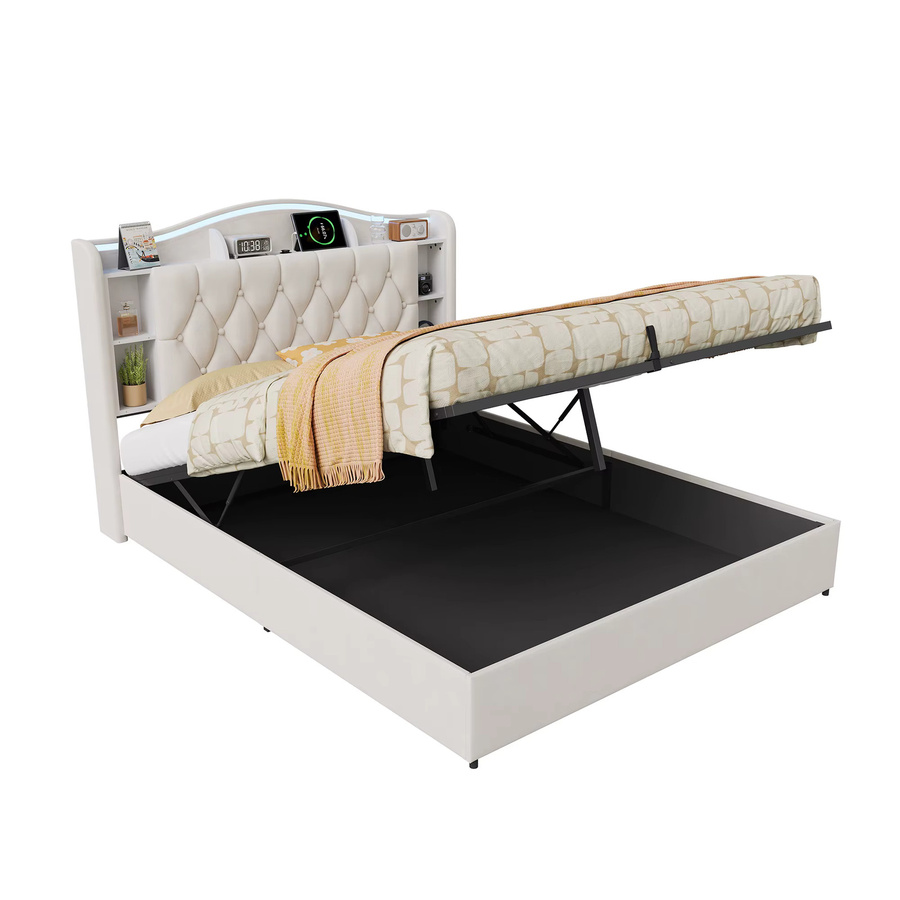 Rosahqnda Polsterbettgestell aus Samt mit LED-Beleuchtung, Stauraum durch Lift-up-Funktion und USB- sowie Typ-C-Anschlüssen am Kopfteil, Breite: 140 cm, Länge: 200 cm - Bild 5