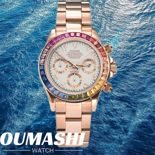 OUMASHI Chronograph, Edelstahl, Roségold, Regenbogenlünette, 39,3 mm, Herren - Bild 1