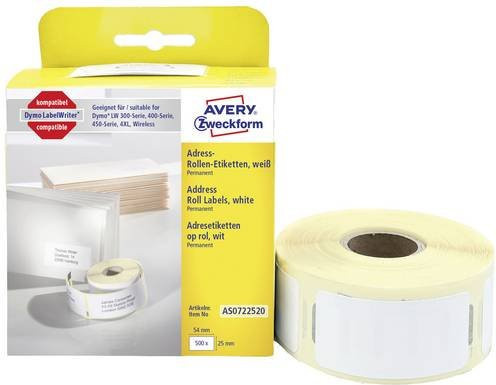 Avery Zweckform Adressetiketten Rolle, Weiß, Papier, B: 5,4 cm, H: 2,5 cm, 500 Stück - Bild 1