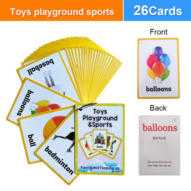 QKX 26 Stück Englische Karteikarten für Kinder zum Thema Spielplatz und Sport, Bunte Lernkarten für die frühkindliche Vokabelbildung und kognitive Förderung - Bild 1