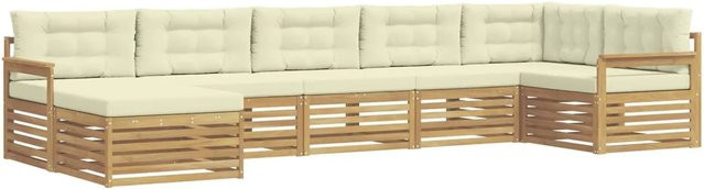 vidaXL Outdoor-Sofagarnitur in L-Form aus massivem Akazienholz mit 7 Kissen in Weiß und Beige - Bild 1