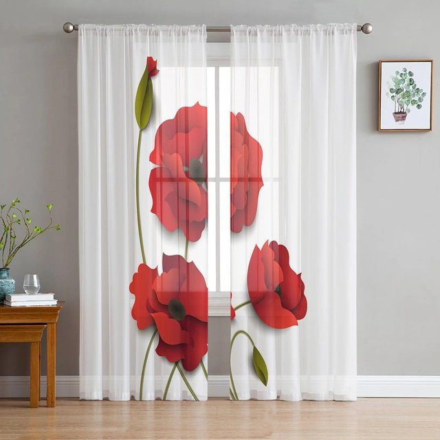Transparente Tüllvorhänge von Your Warm Home mit rotem Mohnblumen-Floralprint im Retro-Design, Breite: 135 cm, Höhe: 137 cm - Bild 1