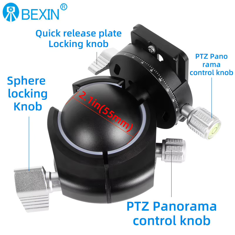 BEXIN Stativ-Kugelkopf in Schwarz mit extrem niedrigem Profil, doppelter U-Kerbe und Dämpfungseinstellung, Höhe: 55 mm bis 28 mm - Bild 4