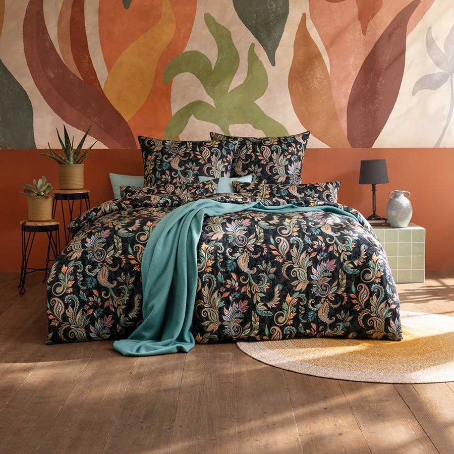 Estella Mako-Satin Bettwäsche Regina Schwarz Paisley Blätter, B/H: 155 x 220 cm mit Kissenbezug 40 x 80 cm - Bild 1