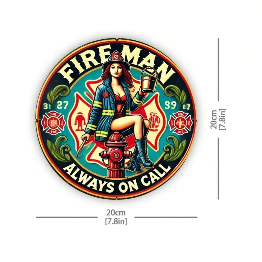 CIFBUY Vintage Feuerwehrmann-Blechschild, runde Metall-Wanddekoration im Retro-Stil, Mehrfarbig, Durchmesser: 20,3 cm - Bild 2