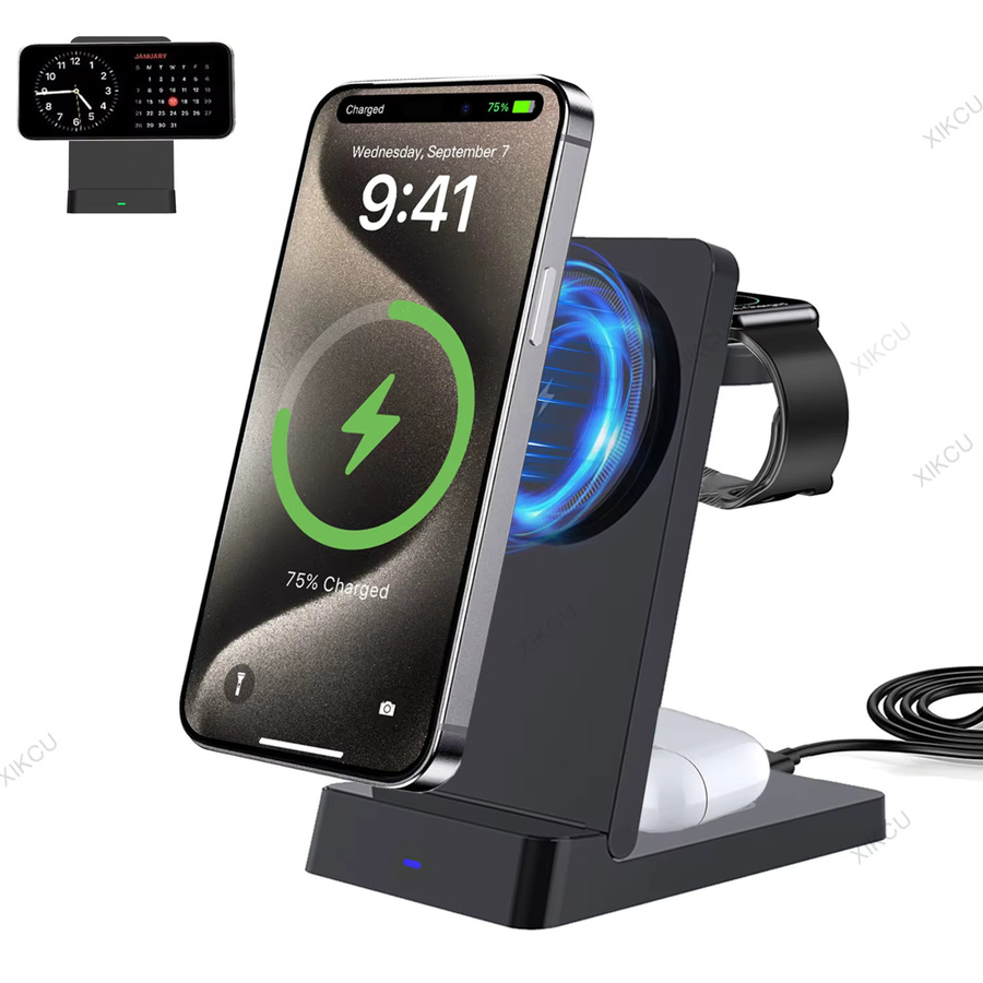 VIKEFON 3-in-1 Magnetisches Kabelloses Ladegerät und Faltbarer Telefonständer für MagSafe iPhone, iWatch und AirPods Pro in Schwarz - Bild 6
