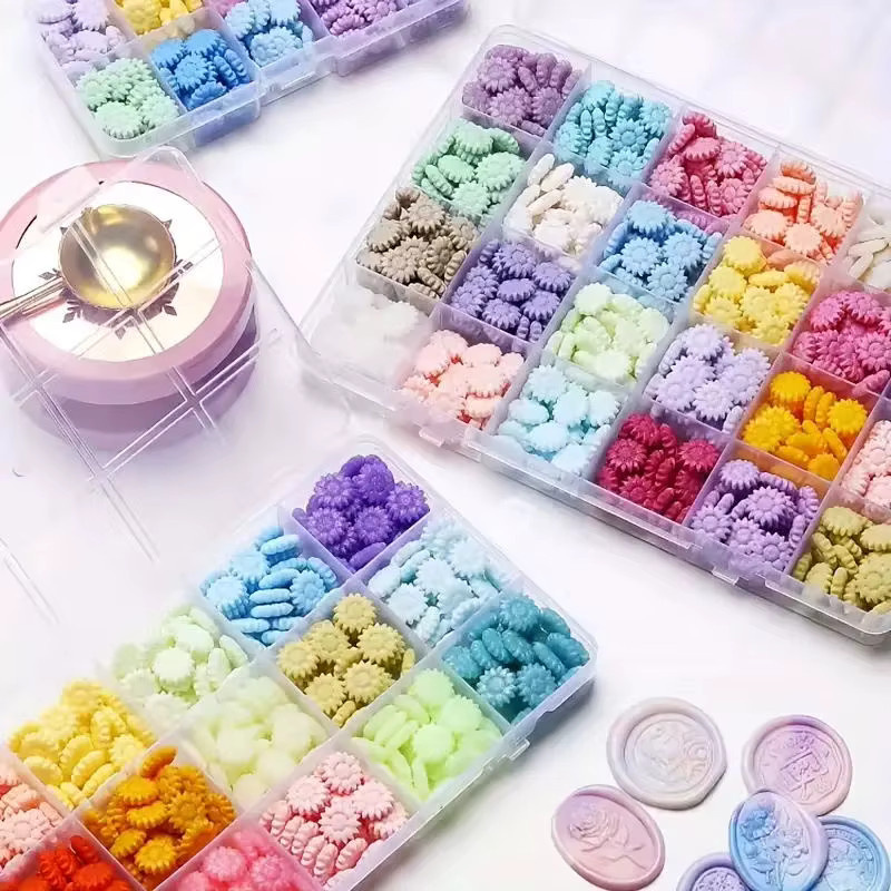 QWELL Siegelwachsperlen Set mit 600 Stück in 24 Farben, achteckige Sonnenblumen-Siegelwachspellets für Wachssiegelstempel, Multicolor - Bild 3