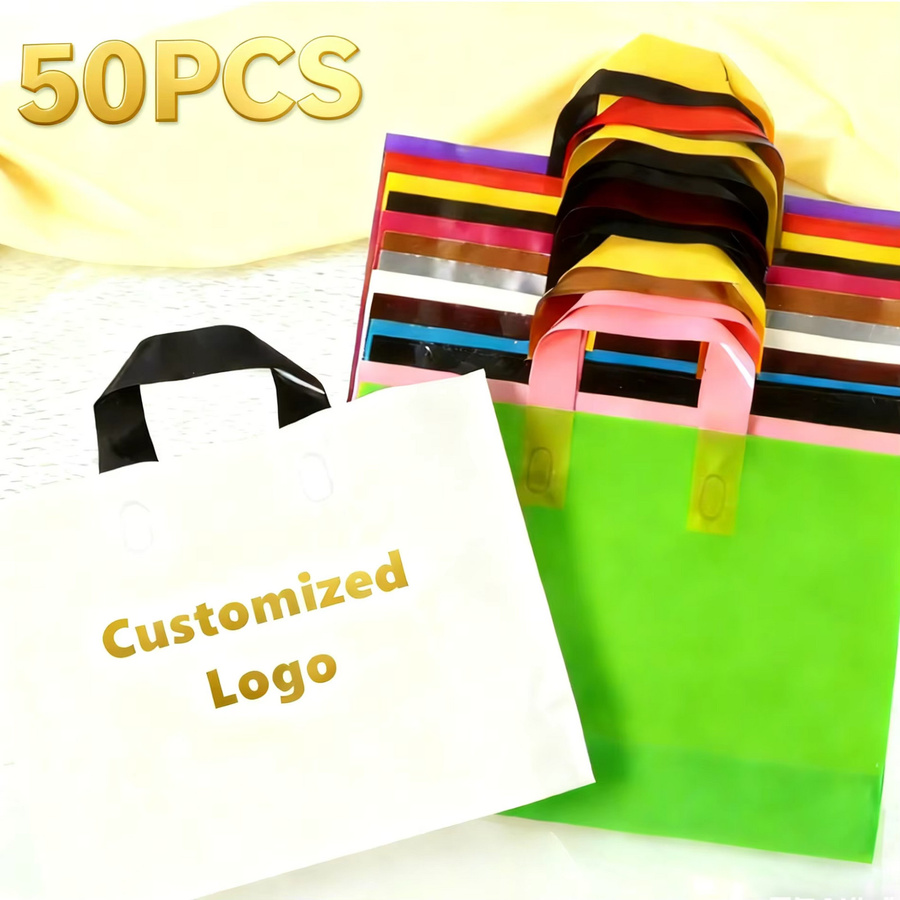 50 bunte Kunststoff-Einkaufstaschen mit Griff und individuellem Logo für Geschenke und Partys, mehrfarbig - Bild 2