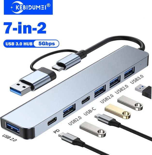 KEBIDUMEI 7-in-2 USB-C Dockingstation USB 3.0 Hub OTG Adapter in Silber für Laptop und Macbook - Bild 1