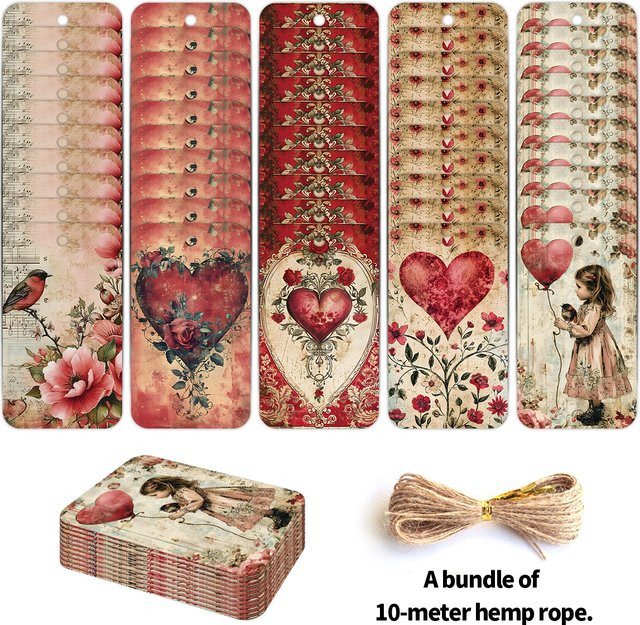 50 Stück Retro-Hängeetiketten aus Papier mit rotem Herz- und Blumenmotiv für Valentinstag, Hochzeit oder Geburtstag - Bild 1