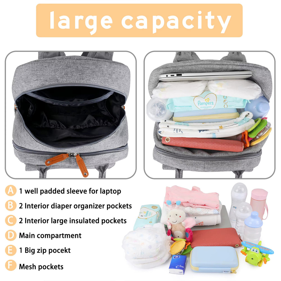 Pomelo Best Wickeltasche als Rucksack in Grau mit Wickelunterlage und Kinderwagengurten - Bild 3
