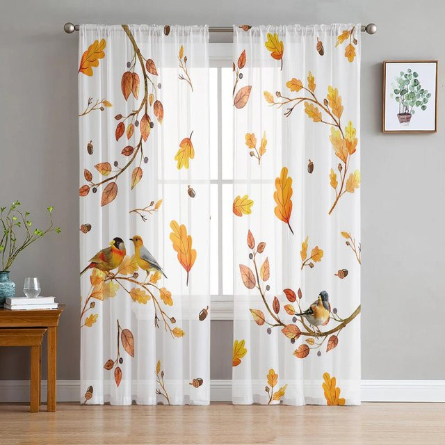 Yiran Furniture Transparenter Tüllvorhang mit Herbst Ahorn Blättern in Weiß, B: 135 cm, H: 115 cm - Bild 1